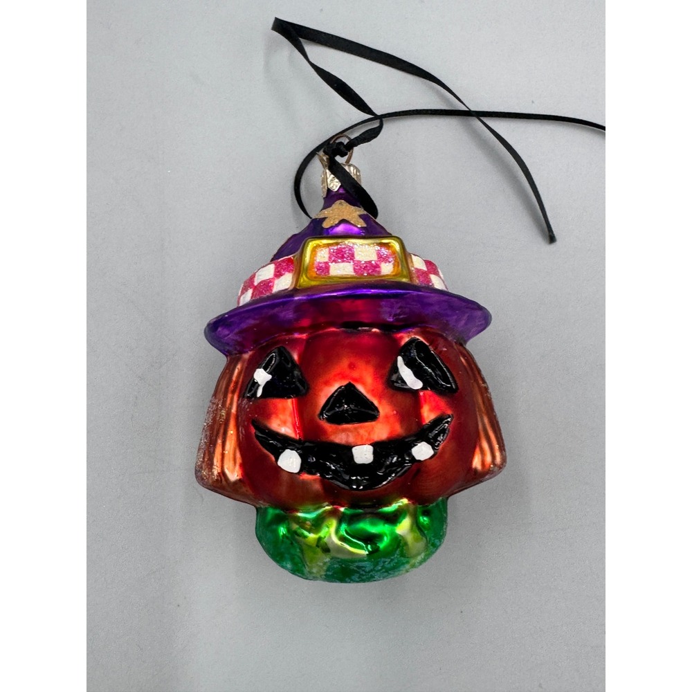 Vintage Christopher Radko Halloween Pumpkin Witch Hat Glass Ornament